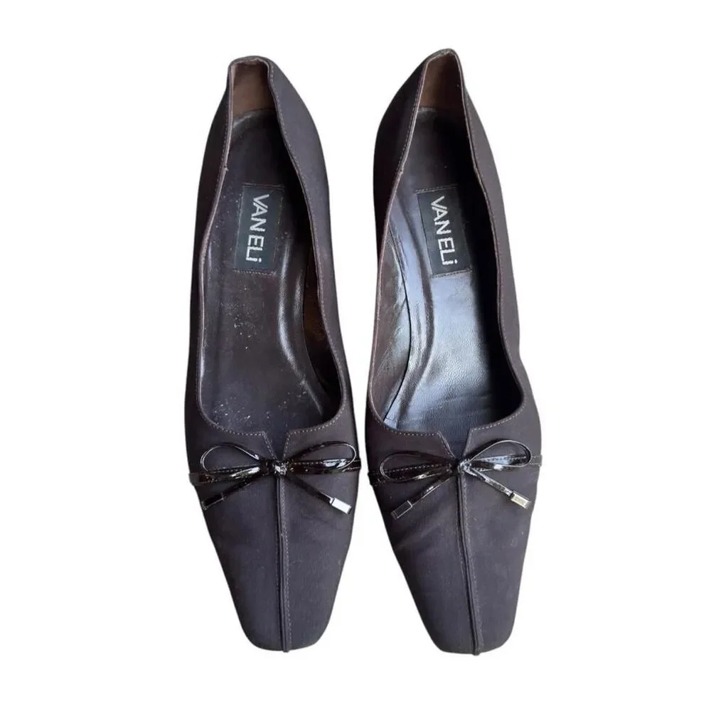 Vaneli Rhea Block Heel Leather Square Toe Bow Pumps Black Size 10